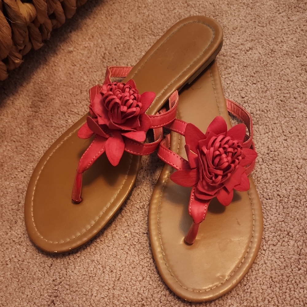 Red Floral Sandals with Brown Leather Base
